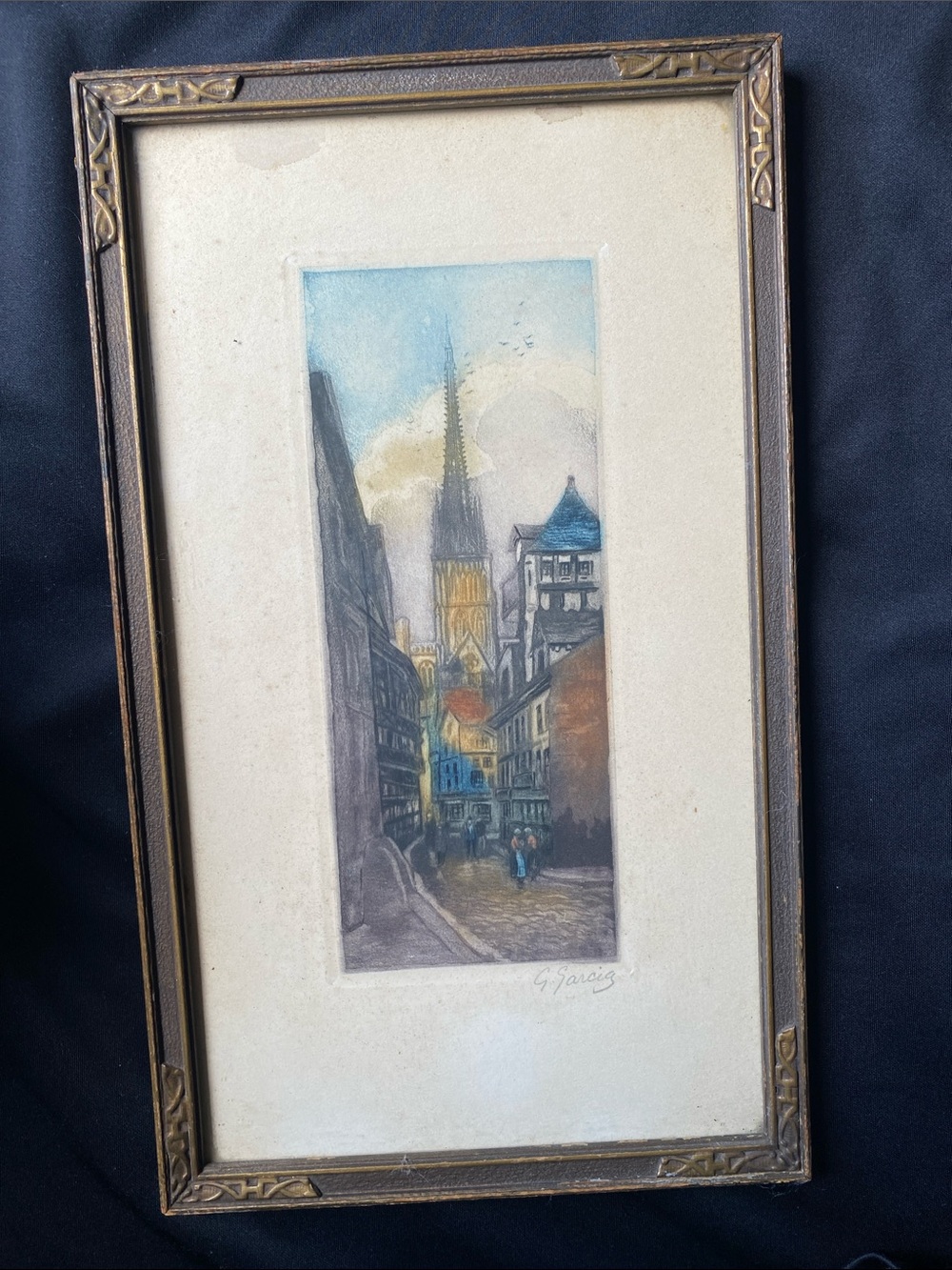 Vintage G. Garcia Signed Color Aquatint Etching Rouen Cathedral France